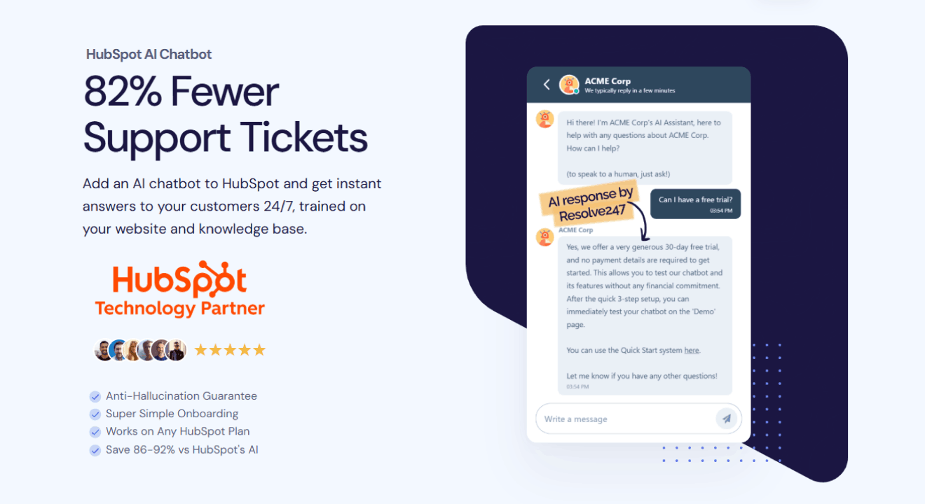 Resolve247 integrated into HubSpot, with a screenshot of AI responding to message