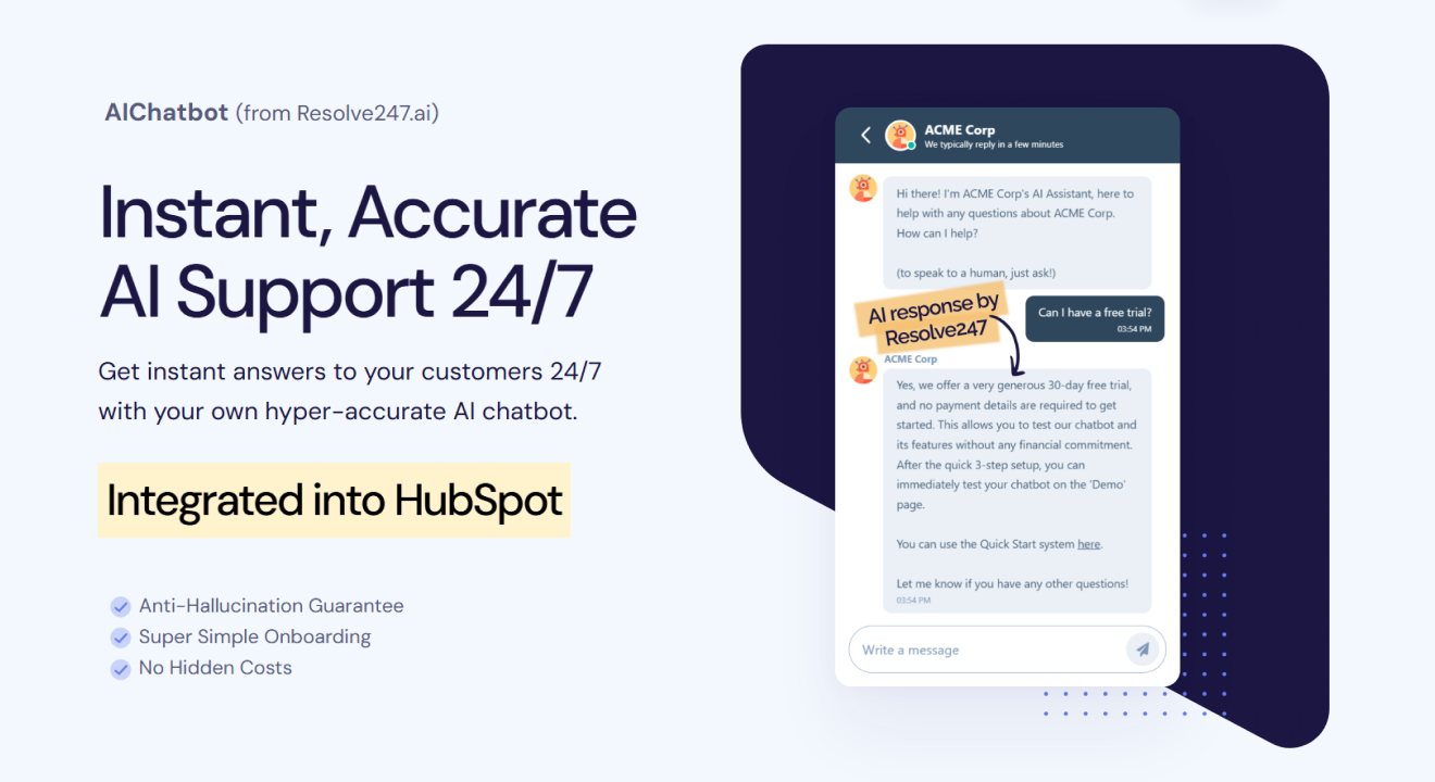 resolve247 feature highlights and screenshot of AI responding to message
