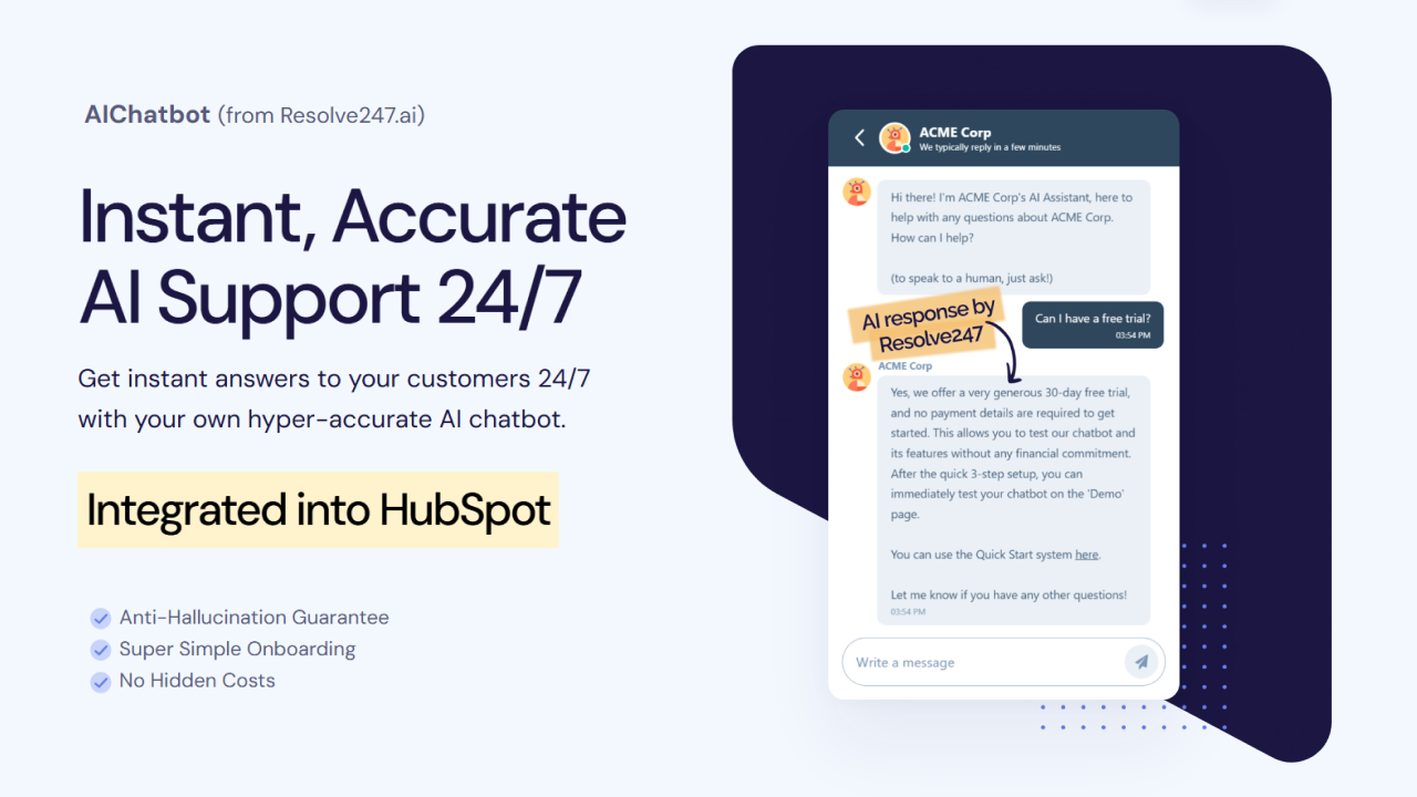 screenshot of HubSpot widget with an AI reply