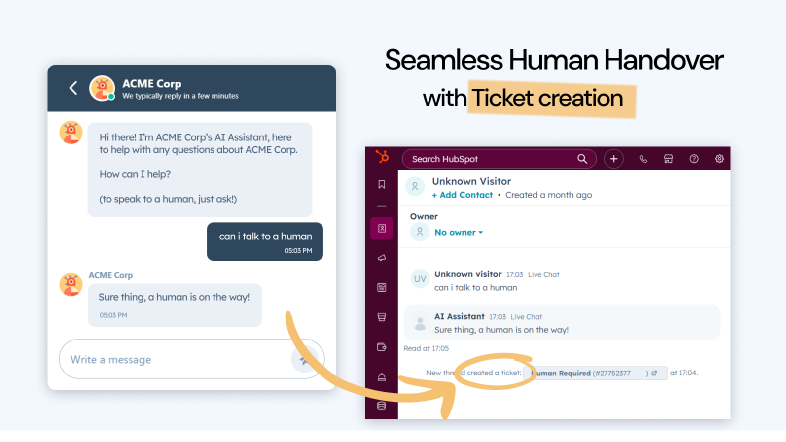 screenshot showing a customer asking for a human and the AI creating a ticket within HubSpot